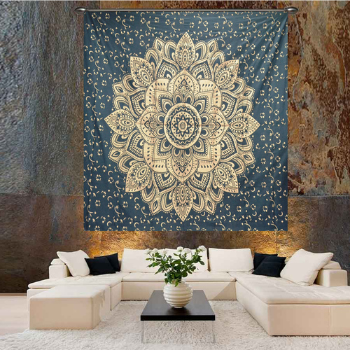 Blue + Golden Gold Dye Grey Color Indian 100% Cotton Fabric Floral Ombre Mandala Queen Size Royal Bed Sheet Bedspread Tapestry