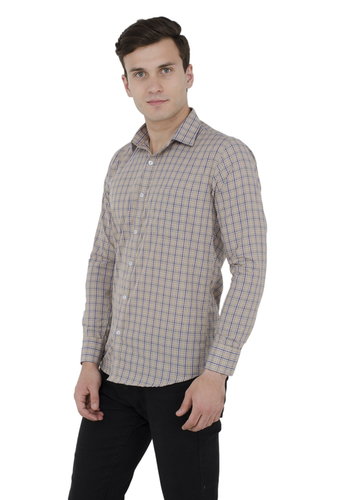Cotton Beige And Blue Checkered Formal Shirt