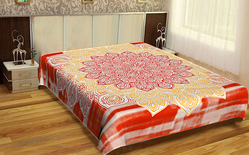 Peach + Orange Dual Color Beautifully Crafted Vintage Look Indian 100% Cotton Fabric Mandala Printed Bed Sheet Bedspread Handmade Tapestry