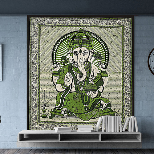 Green Lord Ganesha Religious Traditional India Wall Decor Bedspread Home Decor Hand Printed Tapestry