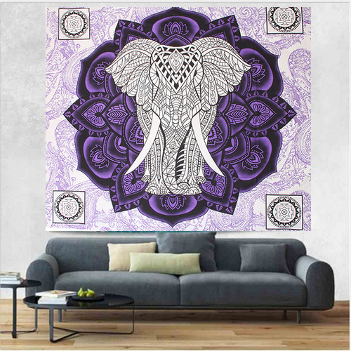 Indian Home Wall Hangings Mandala Tapestry Elephant and Lotus Design Violet Color Hand Printed Handmade Tapestry