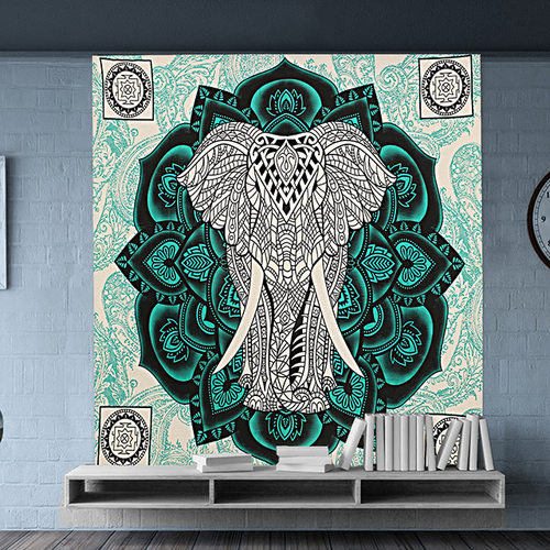 Green Wall Hangings Indian Mandala Tapestry Elephant And Lotus Design Violet Color Hand Printed Handmade Tapestry