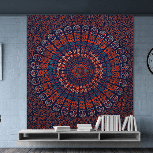 Blue Indian Hand Block Sanganeri Floral Print Mandala Bohemian Wall Hanging Tapestry