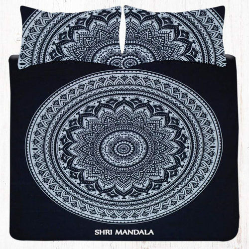 Black and White Floral Mandala Bed Set With Two Pillow Covers