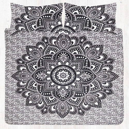 Black Gray Lotus Hippie Mandala Queen Size Bedding Set With Pillow Covers