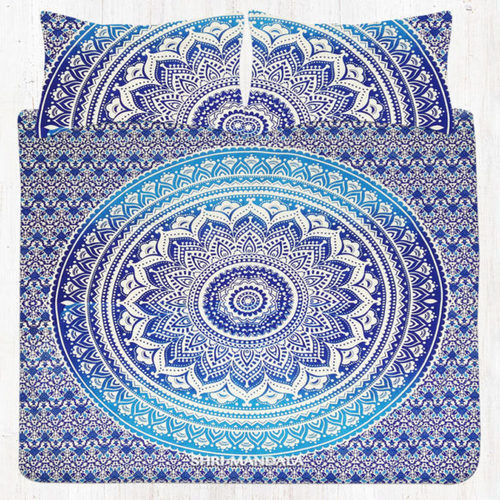 Blue Ombre Twin Size Mandala Bed Sheet Set With Two Pillow Covers