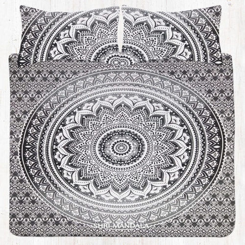 Grey Twin Size Ombre Mandala Bed Set with Two Matching Pillow Covers
