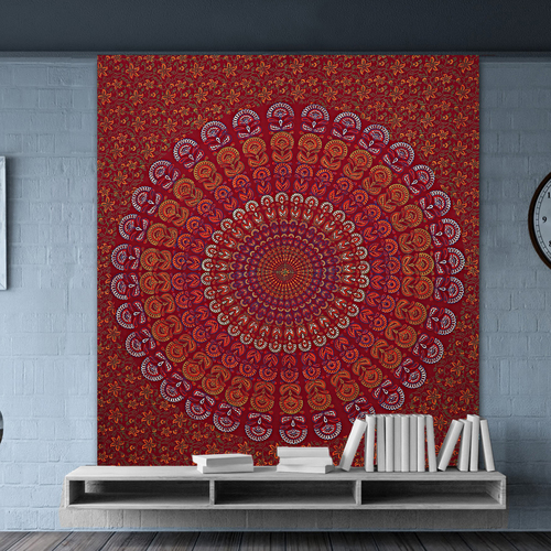 Red Wall Hanging Tapestry Indian Hand Block Sanganeri Print Mandala Bohemian Bedsheet