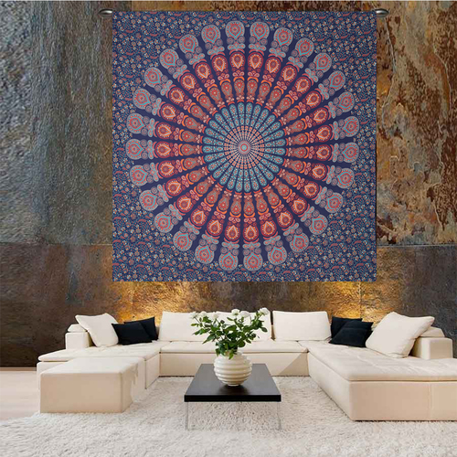 Naptol Print Indian 100% Cotton Handmade Peacock Mandala Bohemian Wall Hanging Home Decor Bedspread Bedsheet Tapestry