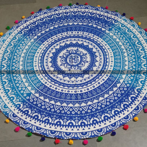 Blue and White Ombre Round Mandala Beach Throw Blanket