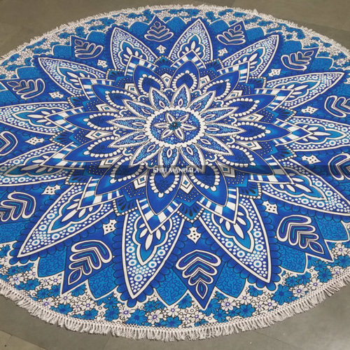 Blue Sun Flower Round Mandala Tapestry with Tassels