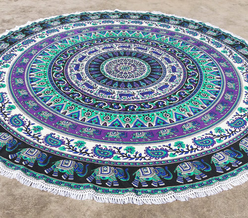 Light Green and Purple Elephant Mandala Round Beach Throw Tapestry with Tassels