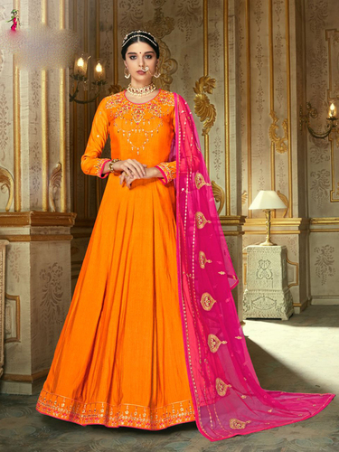 Elegant Anarakali Suit - Pure Jacquard Silk, Customized Up to 42 Inches | Embroidery Handwork, Short Sleeves, All-Season Ethnic Dress