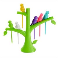 Bird Fruit Fork - Plastic Material, Multi Color, Tree Shape Design | Easy To Clean, Stylish Dining Table Decor, 6 Forks With Tree Stand