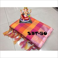 Uppada Checks Saree - Cotton Silk, 5.5 Mtr Length, Black & Orange, Hand Print & Patch Work, Ideal For Rainy, Spring, Summer, Winter Seasons