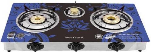 Blue Surya Crystal Glass, Steel Automatic Gas Stove  (3 Burners)