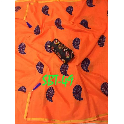 Blue Flower Embroidered Cotton Saree