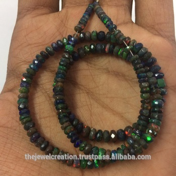 Natural Black Ethiopian Opal Faceted Rondelle Gemstone Beads Strand