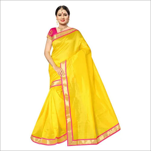 Yellow Cotton Plain Border Saree