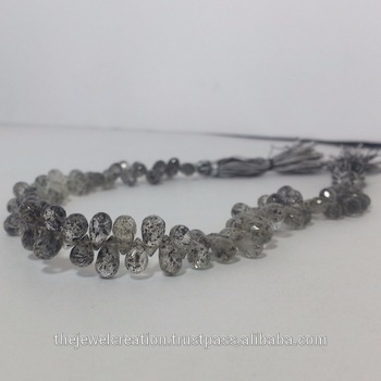 Natural Black Dot Rutile Quartz Faceted Teardrop Beads Briolette