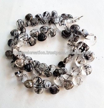 Natural Black Rutile Quartz Smooth Pear Heart Shape Briolette Rutiliated Beads