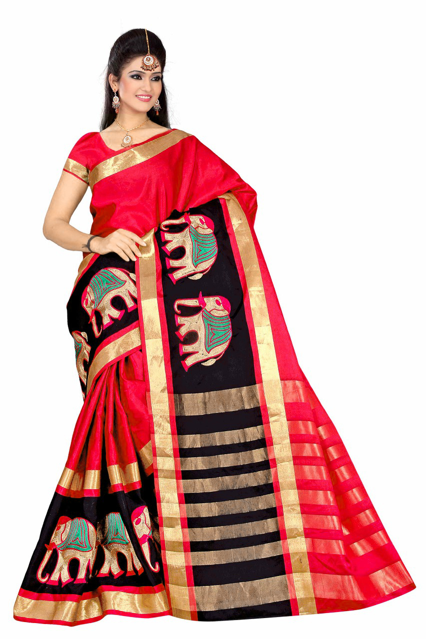 Plain Cotton Silk Saree with Elephant Embroidery Work
