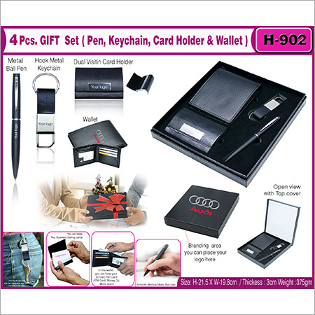 4pcs Gift Set which contain Keychain, Pen, Dual visiting Card & Wallet.H-902