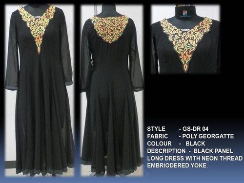Black Panel Long Dress With Neon Thread Embriodery
