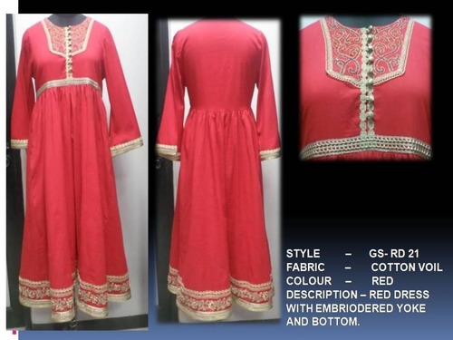 Red Dress With Embriodered Yoke & Bottom