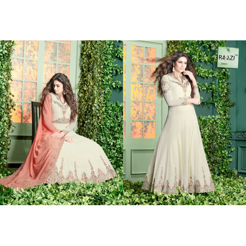 Ladies Modern Floor Length Suit - Cotton, Floor Length, Cream Color, Full Sleeves | Breathable, No Fade, Washable, Embroidered Design