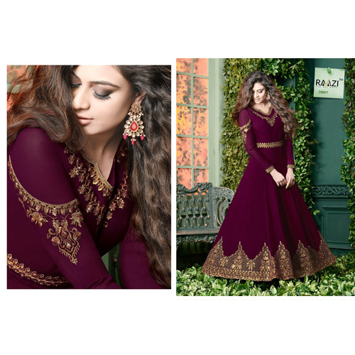 Ladies Designer Chiffon Suit - Cotton Fabric, Dark Purple Color , Full Sleeves, Printed Pattern, Breathable and Washable