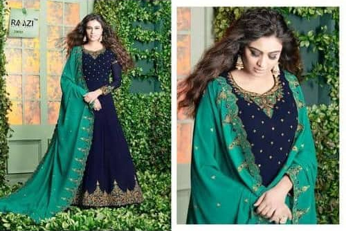 Ladies Floor Length Designer Suit - Polyester Material, Dark Blue Color, Full Sleeves, Embroidered Pattern | Breathable, No Fade, Washable, Elegant Design
