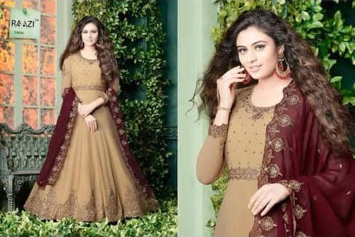Ladies Embroidered Floor Length Suit - Cotton, Full Sleeves, Light Brown | Breathable, Washable, No Fade, Elegant Neck Pattern, Alluring Embroidery