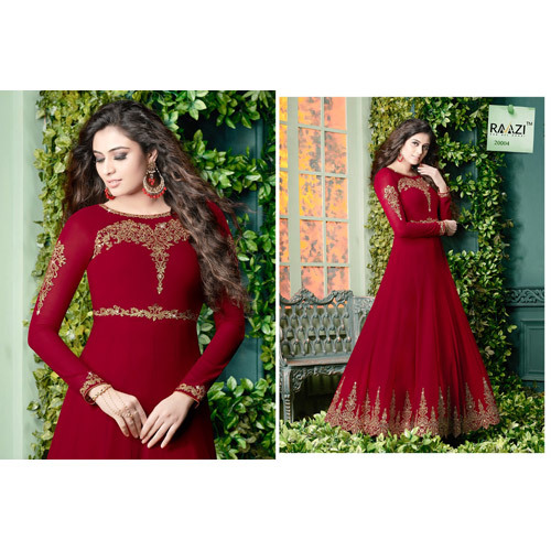 Ladies Anarkali Churidar Suit - Cotton, Full Sleeves, Red | Embroidered, Breathable, Washable, No Fade, Stylish Design for Festive Occasions