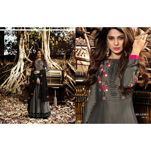 Designer Anarkali Suit - Cotton, Various Sizes, Dark Grey | Breathable, No Fade, Washable, Full Sleeves, Printed Pattern