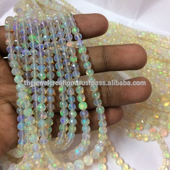 Natural White Ethiopian Welo Opal Faceted Round Ball Beads Strand