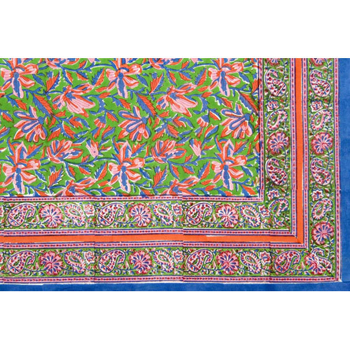 Hand Block Printed Table Cover - Cotton Variable Size Green | Hand-Printed Floral Pattern Durable Fabric Vibrant Colors