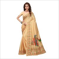 Kalamkari Silk Saree - 5.5 Mtr Length, Art Silk Fabric | Black, Red, Yellow, Pink, Blue Printed Design