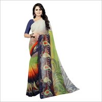 Georgette Silk Saree - 5.5 Mtr Length, 0.8 Mtr Blouse | Sky Blue, Green White, Honey Rama, Printed Design, Art Silk Fabric