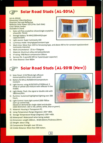 Solar Road Studs (AL-201B - NEW) - PVC Material Traffic Light Sign Type | Manual Function No Power Required for Operation