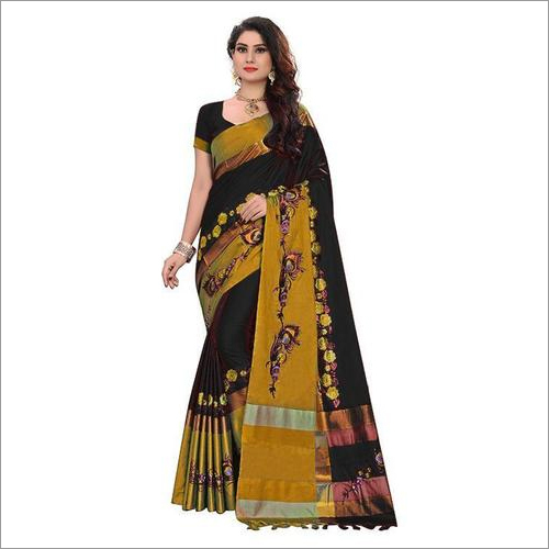 Beautiful Embroidery Design Work Cotton Silk Saree With Jhalar
