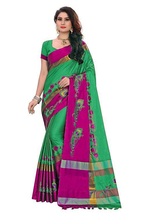 Beautiful Embroidery Design Work Cotton Silk Saree With Jhalar