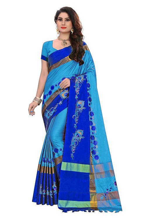 Beautiful Embroidery Design Work Cotton Silk Saree With Jhalar