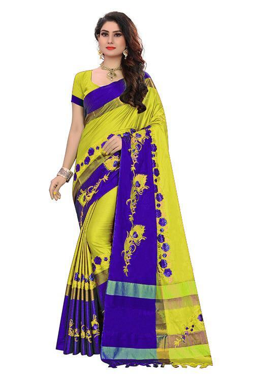 Beautiful Embroidery Design Work Cotton Silk Saree With Jhalar
