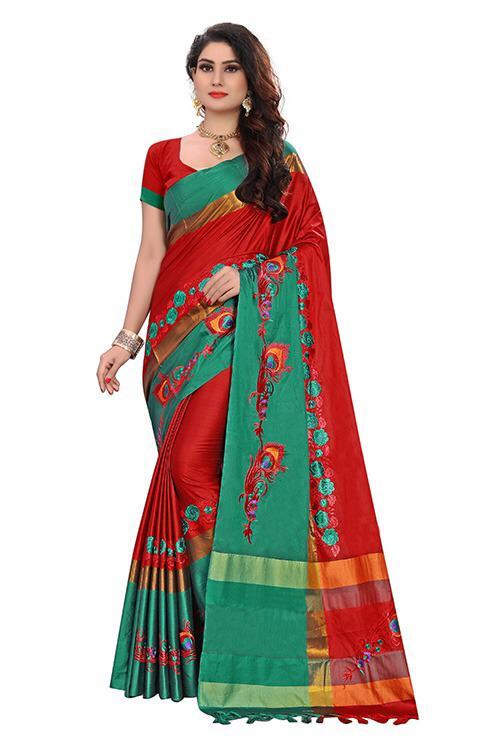 Beautiful Embroidery Design Work Cotton Silk Saree With Jhalar