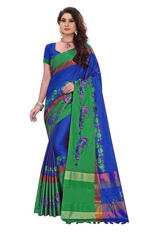 Beautiful Embroidery Design Work Cotton Silk Saree With Jhalar