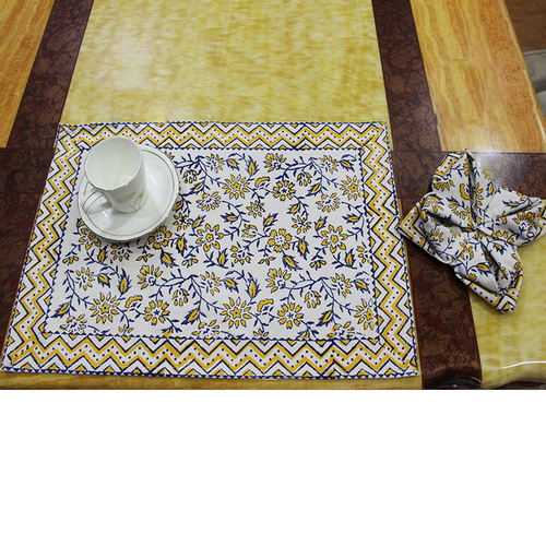 Yellow / Blue / White Cotton Block Print Dinner Table Mats
