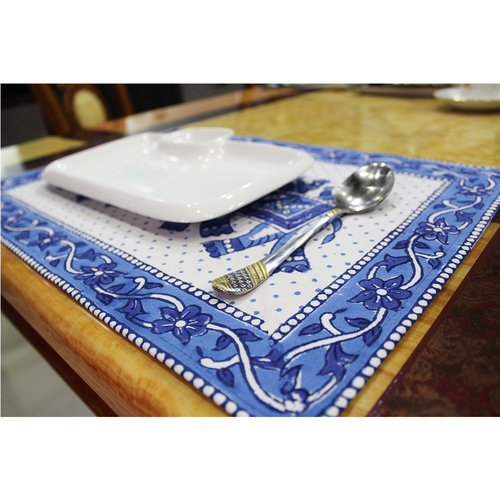 Blue / White Block Printed Dinner Table Napkin & Mat Set