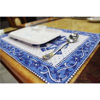 Blue / White Block Printed Dinner Table Napkin & Mat Set