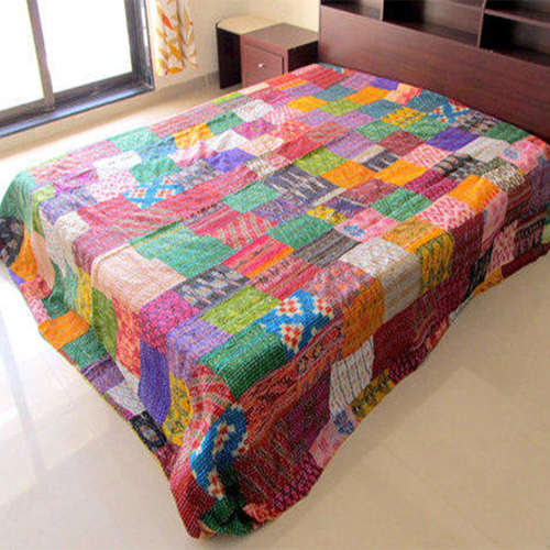 Vintage Patola Silk Kantha Quilt - Cotton Silk Blend, Queen Size 84"94, Multicolor Patchwork Design, Quick Dry Feature, Versatile Use for Bedding and Home Textiles